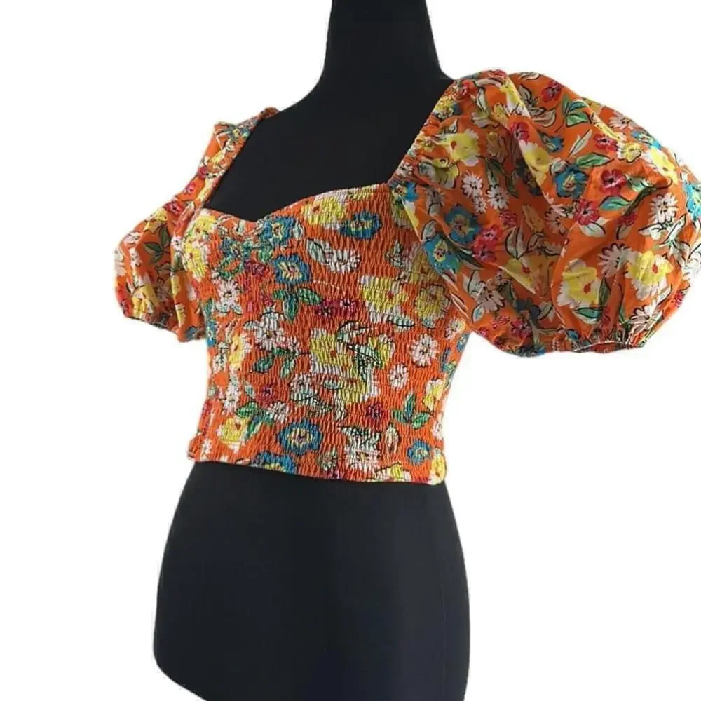 Zara Womens Balloon Sleeve Crop Top Flounce shirt l Orange Floral sz lg NWT - Picture 3 of 10